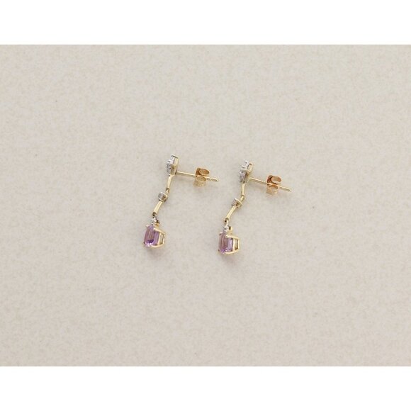 14k Yellow Gold Natural Amethyst & White Topaz Earrings Dangle Drop 1" x 1/4" - Picture 6 of 7